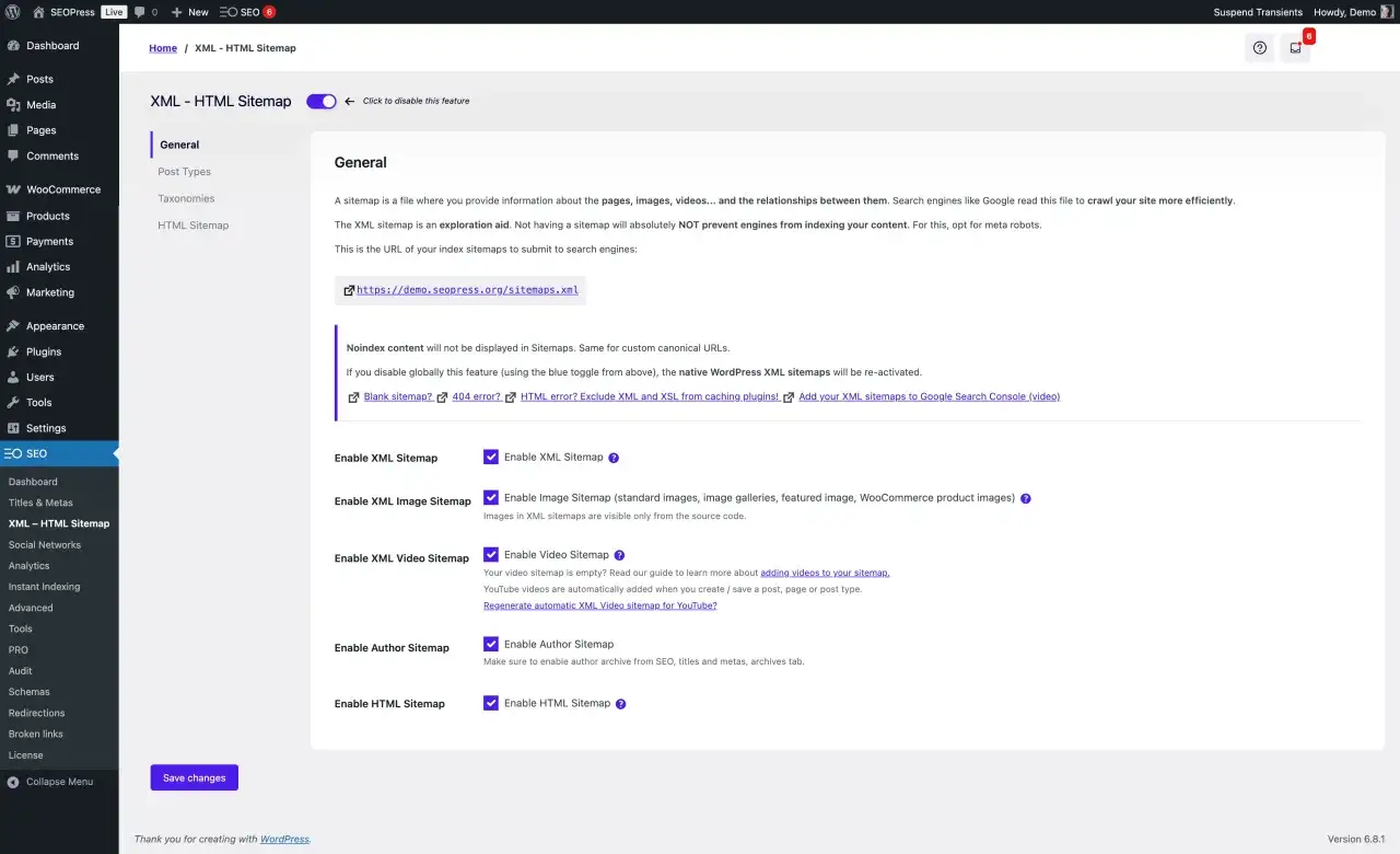 Impostazioni per accorciare i link e generare sitemap XML/HTML. Configura sitemap per immagini, video e autori.