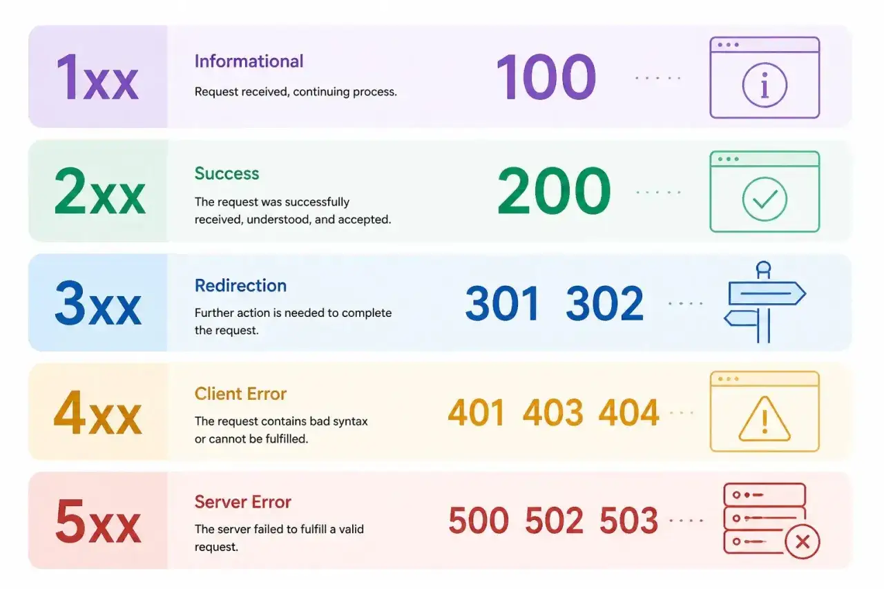 Diagramma che illustra le categorie di codice di stato HTTP: 1xx (informativo), 2xx (successo), 3xx (reindirizzamento), 4xx (errore client) e 5xx (errore server).