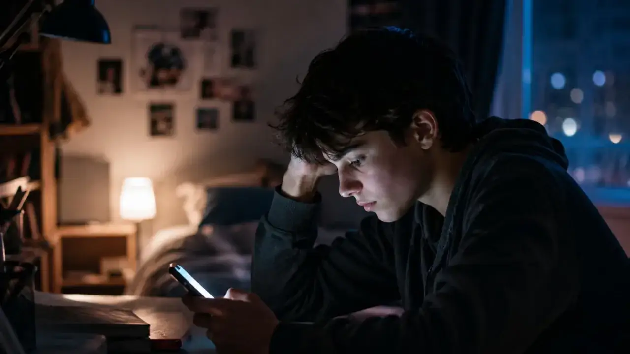 Ragazzo con smartphone, espressione di disagio, forse capisce il cringe significato di un post.