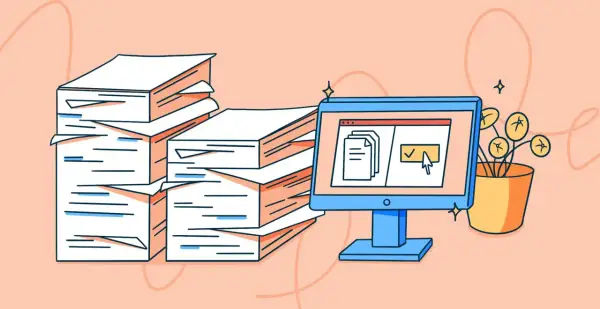 Pila di documenti cartacei accanto a un computer che mostra documenti digitali. La dematerializzazione significato è chiaro: meno carta, più efficienza.