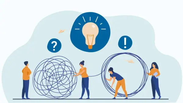 Persone lavorano insieme per districare un groviglio, simboleggiando il tim building e la risoluzione di problemi per raggiungere un'idea brillante.
