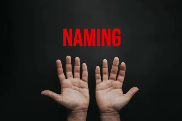 Le mani aperte sotto la parola "NAMING" in rosso. Un'immagine che evoca la ricerca del naming aziendale perfetto.
