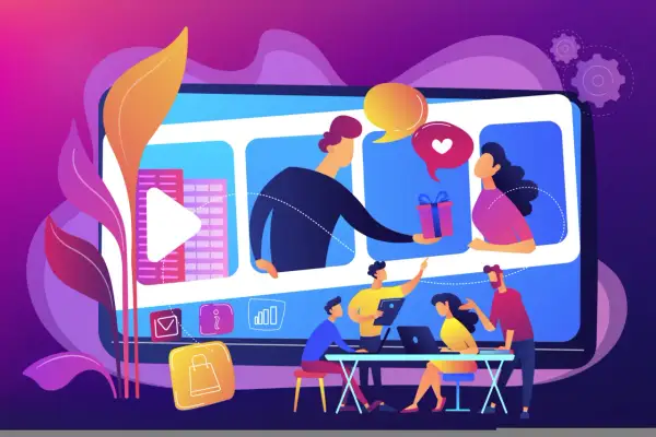 Un team collabora per creare un video di visual storytelling, con icone di shopping e feedback che indicano successo.