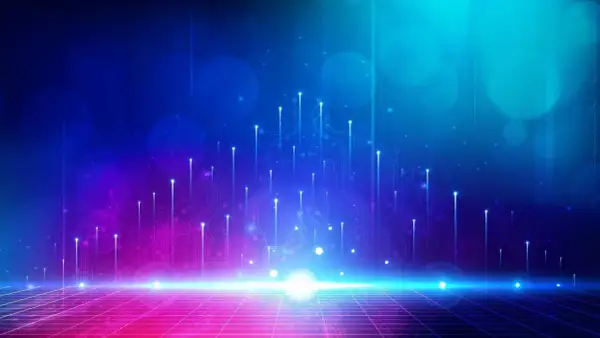 Un paesaggio digitale futuristico con circuiti luminosi e sfere luminose, che evoca il concetto di deep tech.