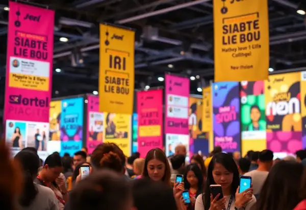 Un evento culturale esempio con persone che guardano i loro telefoni, circondati da striscioni colorati con testi in lingue diverse.