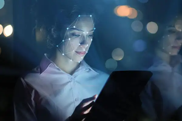 Donna con volto analizzato da rete neurale, tablet in mano. Il phygital significato è qui: fusione tra reale e virtuale.