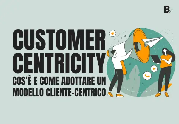 Illustrazione che spiega la customer centricity: un megafono e persone che interagiscono con icone di comunicazione.