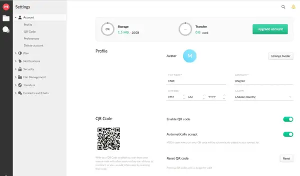 Impostazioni account: spazio di archiviazione, trasferimento file pesanti, profilo e QR code.