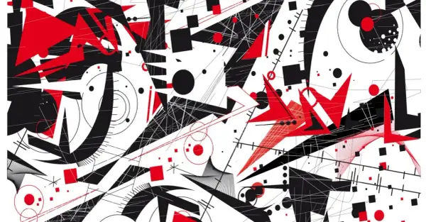 Un vortice di forme geometriche rosse e nere, un'esplosione visiva che evoca la sinestesia, significato di unione tra sensi.