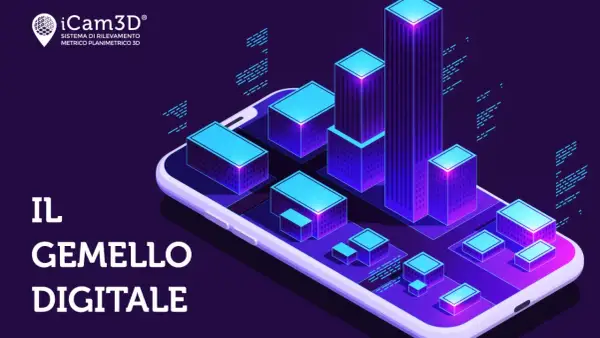 Il gemello digitale di un edificio, rappresentato da blocchi luminosi su uno smartphone, simboleggia la digitalizzazione e la modellazione 3D.