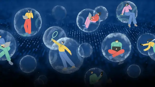 Persone isolate in bolle trasparenti, ognuna immersa nel proprio mondo digitale, simboleggiano le filter bubbles.