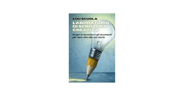 Un laboratorio di scrittura creativa dove una lampadina a forma di matita accende idee per le tue storie.