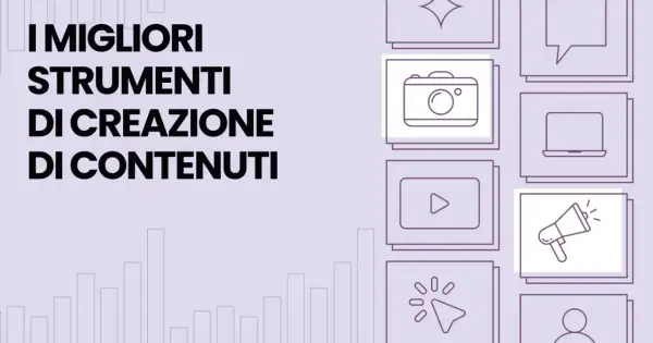 I Migliori Strumenti di Creazione Contenuti: icone di fotocamera, video, megafono e altro per la tua strategia digitale.