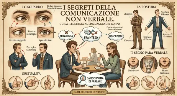 Guida illustrata ai segreti della comunicazione non verbale: sguardo, postura, gestualità e paraverbale per capire le persone prima di parlare.