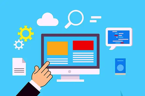 Schermata di un computer con elementi grafici che rappresentano la creazione di un sito web, la ricerca e il prezzo dominio.