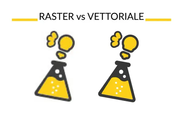 Illustrazione che mostra la differenza tra raster e vettoriale: un'immagine pixelata a sinistra e una nitida a destra, entrambe con una fiaschetta da laboratorio e bollicine.