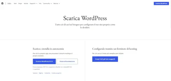 Pagina di download di WordPress. Opzioni per scaricare e installare autonomamente o configurare tramite hosting. Utile per capire cos'è un servizio FTP per il caricamento dei file.