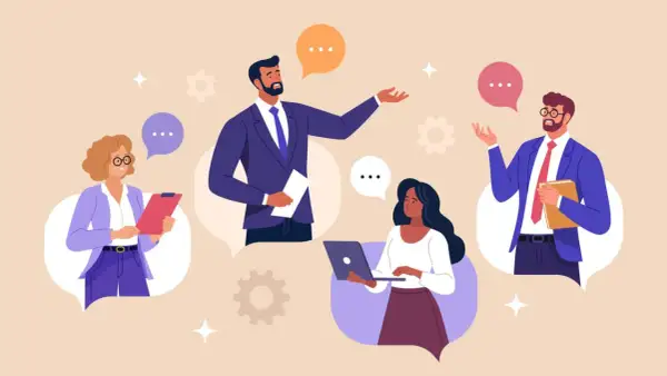 Persone in abiti eleganti che comunicano in modo efficace, con fumetti che simboleggiano la comunicazione corporate.