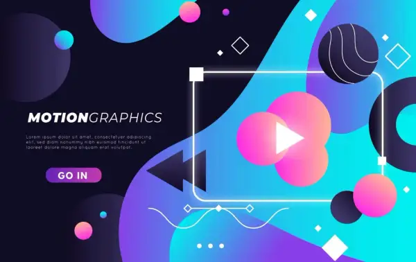 Grafica astratta con forme geometriche e sfumature vivaci, che evoca il dinamismo del motion design. Pulsante "GO IN" in evidenza.