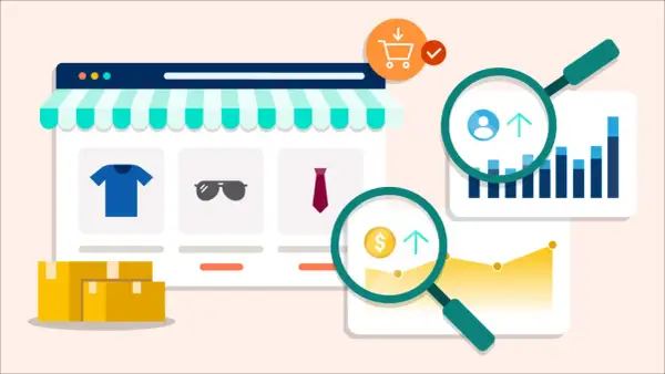 Un negozio online con prodotti, scatole, grafici e lenti d'ingrandimento che analizzano dati. Strumenti per il web per monitorare vendite e utenti.