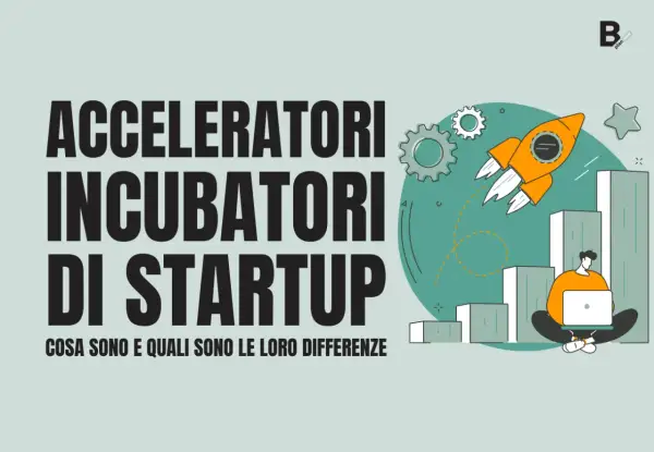 Un uomo con laptop, razzo arancione e grafici: un'illustrazione che simboleggia gli acceleratori di startup e il loro ruolo nel far decollare le aziende.