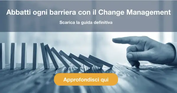 Dita che spinge domino per come incrementare le vendite. Scarica la guida definitiva sul Change Management.