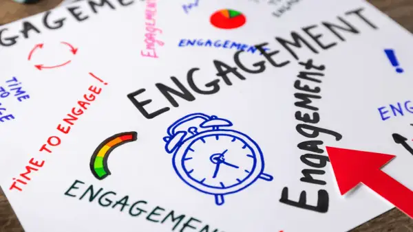 Mappa mentale con la parola "ENGAGEMENT" in grande, circondata da icone e frasi che stimolano l'audience engagement: sveglia, freccia rossa, grafico a torta.