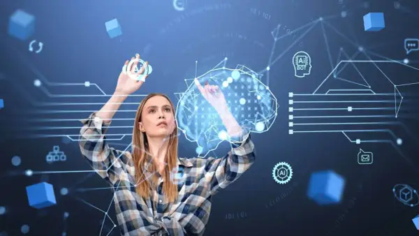 Donna interagisce con un cervello digitale, un esempio di metaverso con icone AI e dati binari.